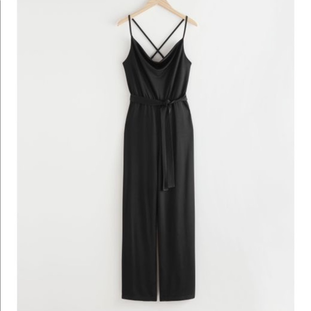 & other stories- black cowl jumpsuit with tie belt